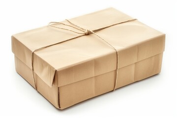 Simple brown paper-wrapped package tied with string, isolated on a white background, symbolizing delivery and gifts