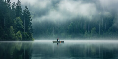 Fototapeta premium A lone fisherman in a canoe surrounded by forest and enveloped by early morning mist creating a mysterious and calm atmosphere