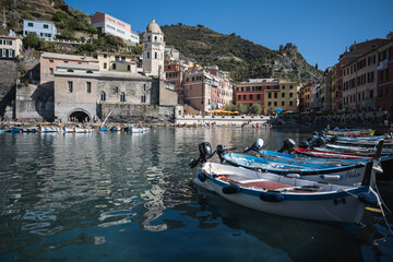 Mediterranean coast of sunny Italy - picturesque coast with rocks and boats - tourist route