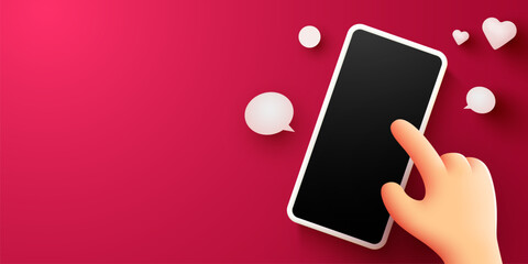 Hand touches phone with messages icons. Communication and social networking concept.