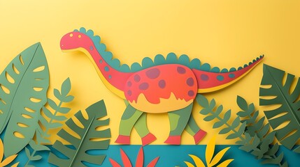 Obraz premium Colorful Cutout Paper Dinosaur with Tropical Leaves on Pastel Background