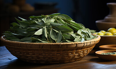 Wooden Table With Green Leaf Bowls. Generative AI