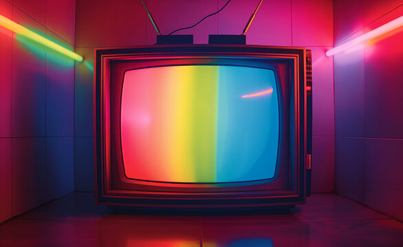 Old-fashioned television set, the type with dials and rabbit ears, outlined in bright, multicolored neon lights.