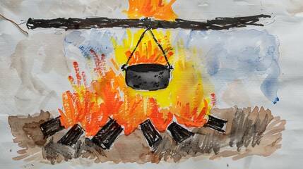colour sketch of a wood fire, a black pot suspended above the fire from which smoke comes out, done by a 4 year old kid