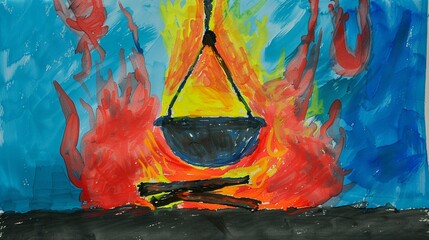 colour sketch of a wood fire, a black pot suspended above the fire from which smoke comes out, done by a 4 year old kid