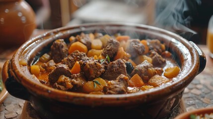 Fototapeta premium A traditional Moroccan tagine simmering with tender meat, vegetables, and aromatic spices, filling the air with irresistible fragrance.