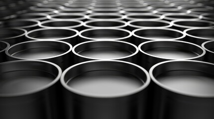 Fototapeta premium A monochrome image of numerous metal cans aligned in a prolonged sequence on the floor