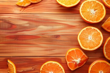 Fresh orange slices on a rustic wooden surface. Overhead photography with natural light. Fruit and healthy eating concept