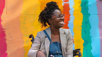Fototapeta premium Happy african American businesswoman in wheelchair smiling against rainbow pride mural. Black history month. Successful ambitious black woman with disability. Inclusion AI