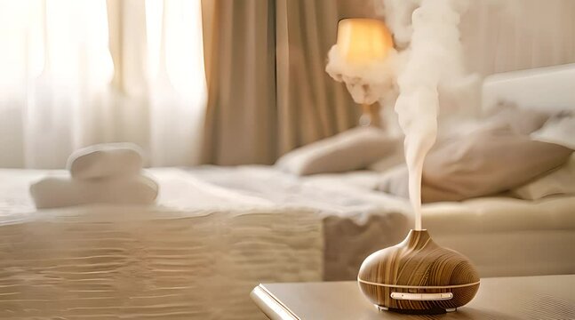 Diffuser of aromatic oil on a wooden table. Aroma steam moves up AI