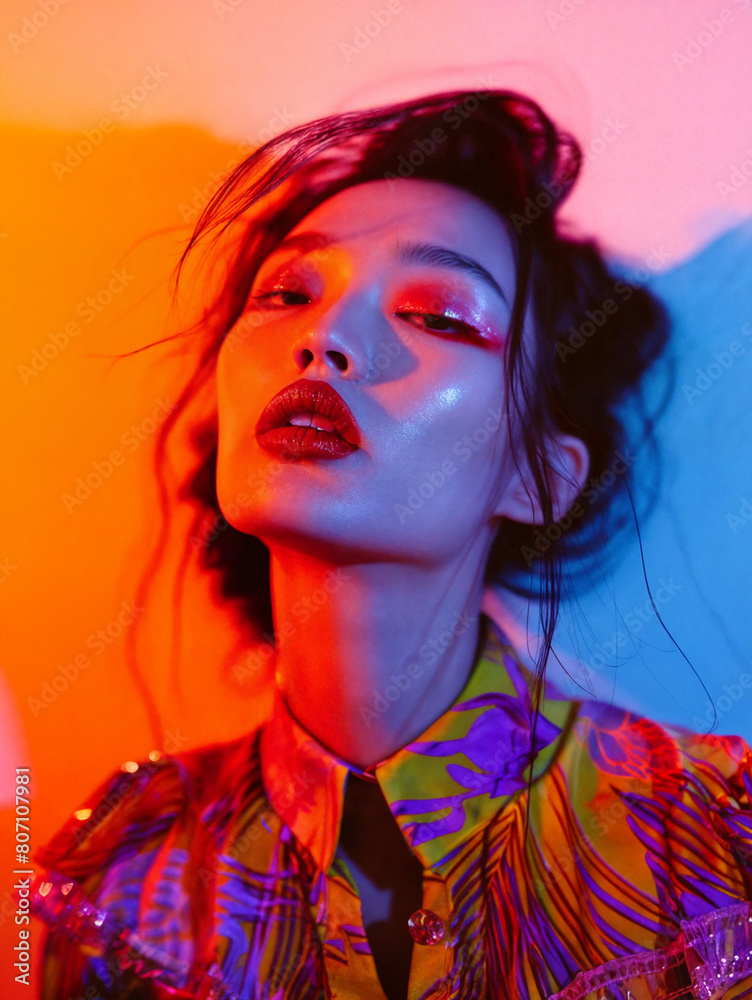 Wall mural young stylish asian woman model posing for edgy and modern fashion editorial. conceptual photo in vi