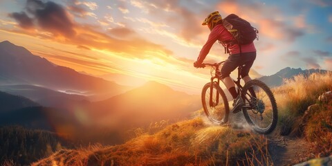Naklejka premium An adventurous mountain biker rides downhill at sunset, showcasing a stunning mountain range in the background