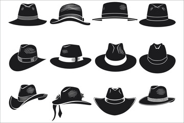 Set of cowboy hat silhouettes, Set of cowboy hat icons, Cowboy hat silhouette, Silhouettes of hat, Black hat silhouettes, Vector