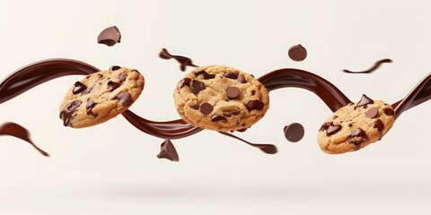 cookies floating in the mid-air with chocolate sauce swirl around the cookie, clean background and minimalist.