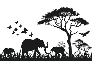 Fototapeta premium Silhouette of African elephants and trees, Silhouette of elephants and nature, Silhouettes elephant in nature isolated on a white background, Silhouette of animals, Elephants in the forest, Vector