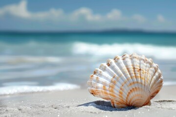  Beach concept. Sea shell with ocean on background. 