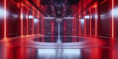 Empty light red studio room futuristic Sci Fi big hall room with lights red, Future background for design