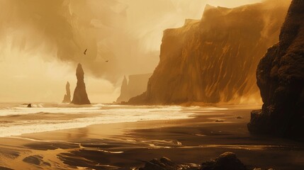 Reynisfjara during medieval times, bright painting with slight sepia tones but still in colour.