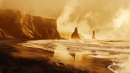 Reynisfjara during medieval times, bright painting with slight sepia tones but still in colour.