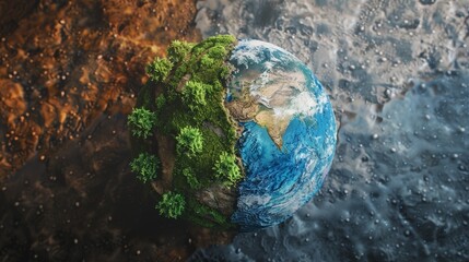 Fototapeta premium A 3D illustration showing Earth split in two halves: one depicting a thriving, green world powered by renewable energy, and the other a barren landscape affected by global warming.