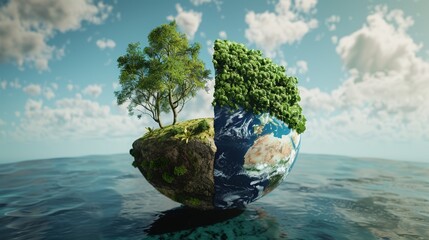 A 3D illustration showing Earth split in two halves: one depicting a thriving, green world powered by renewable energy, and the other a barren landscape affected by global warming.