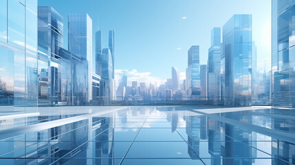 A fantastic glass city from the future. Tall buildings made of glass. Future city concept. Urban architecture, megalopolis infrastructure in light.