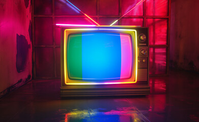 Old-fashioned television set, the type with dials and rabbit ears, outlined in bright, multicolored neon lights.
