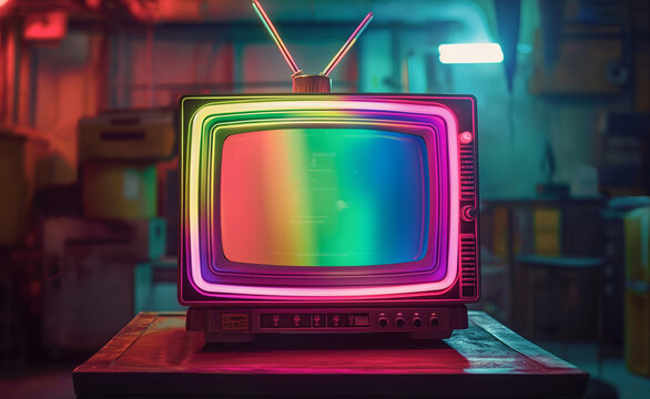 Old-fashioned television set, the type with dials and rabbit ears, outlined in bright, multicolored neon lights.