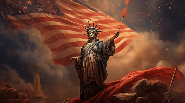 USA independence day celebration concept. Statue of Liberty and america flag