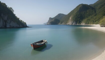 A serene bay with a lone fishing boat drifting on
