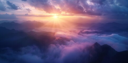 Naklejka premium KSBeautiful misty valley at sunrise aerial view of mount