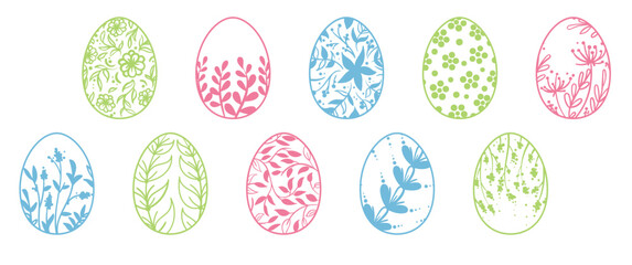 Easter eggs set. Vector lineart set of eggs with floral ornament.