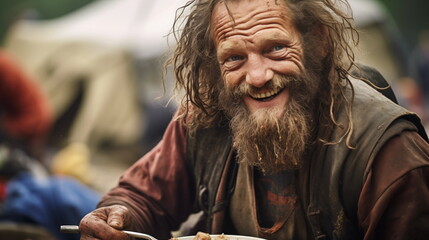 Homeless bearded man getting food. Poor and homeless individuals of all races are fed by the non-profit organization at a food drive.