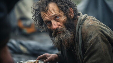 Homeless bearded man getting food. Poor and homeless individuals of all races are fed by the...