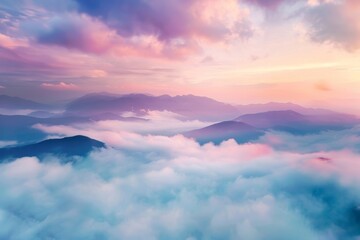 Naklejka premium KSBeautiful misty valley at sunrise aerial view of mount