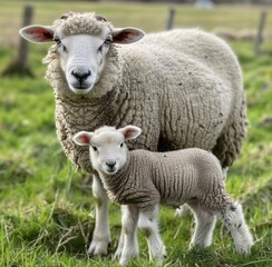  A ewe and her lamb are standing in the grass. 