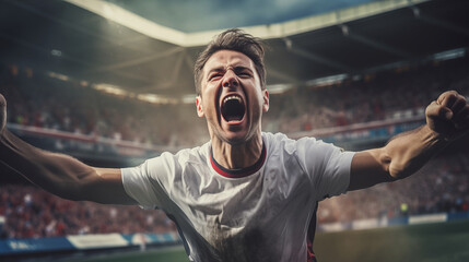 Football player screams with joy in the stadium. Happy soccer player celebrate a victory on a professional football stadium