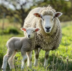 Obraz premium A ewe and her lamb are standing in the grass. 