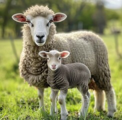 Obraz premium A ewe and her lamb are standing in the grass.
