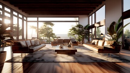 3d rendering of a modern living room with a view to the sea