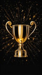 Sparkles black background with a winners cup. Champion golden trophy on black background. Concept of success and achievement.