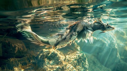 Obraz na płótnie Canvas Enchanting Mythical Being Swim in Crystal Lake Macro Photography.