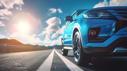 Striking Blue Sports Utility Vehicle Speeding Down a Scenic Sunny Highway