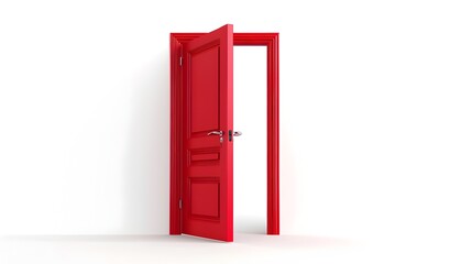 Red Inward Opening Door on White Background Showcases Architectural Design and Creative Concept