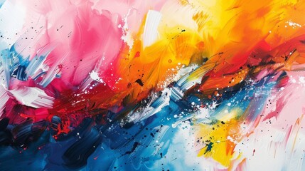 In a dynamic abstract painting, vibrant colors such as pink, blue, and orange blend explosively...