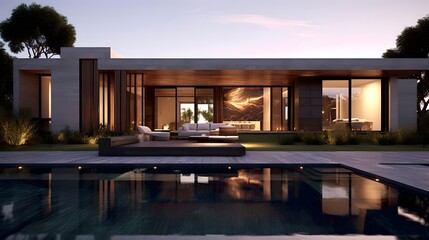 Modern Luxury Home with swimming pool at sunset. 3d rendering