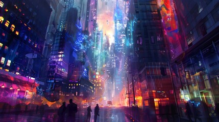 Surreal Dreamlike Cityscape with Morphing Neon-Lit Architecture at Twilight