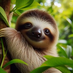 Fototapeta premium paresseux dans la foret accroché a une branche regardant la camera, qualité HD, 4 K ,8K