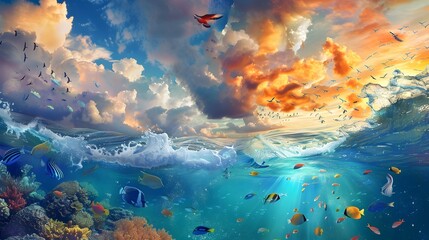 Ethereal Underwater Dreamscape with Blended Sea and Sky,Surreal Marine Life Interactions