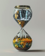 A dramatic 3D depiction of an hourglass with the top half filled with coal and oil, symbolizing the urgent shift needed from fossil fuels to renewable energy to combat global warming.